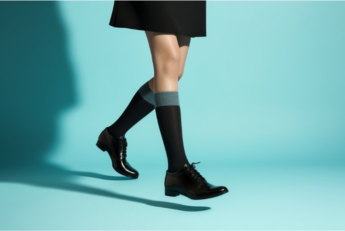 En kvinnlig modell med stödstrumpor och skor