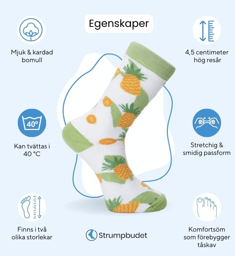 Infografik som beskriver egenskaperna för bomullsstrumpor med ananasar - Strumpbudet