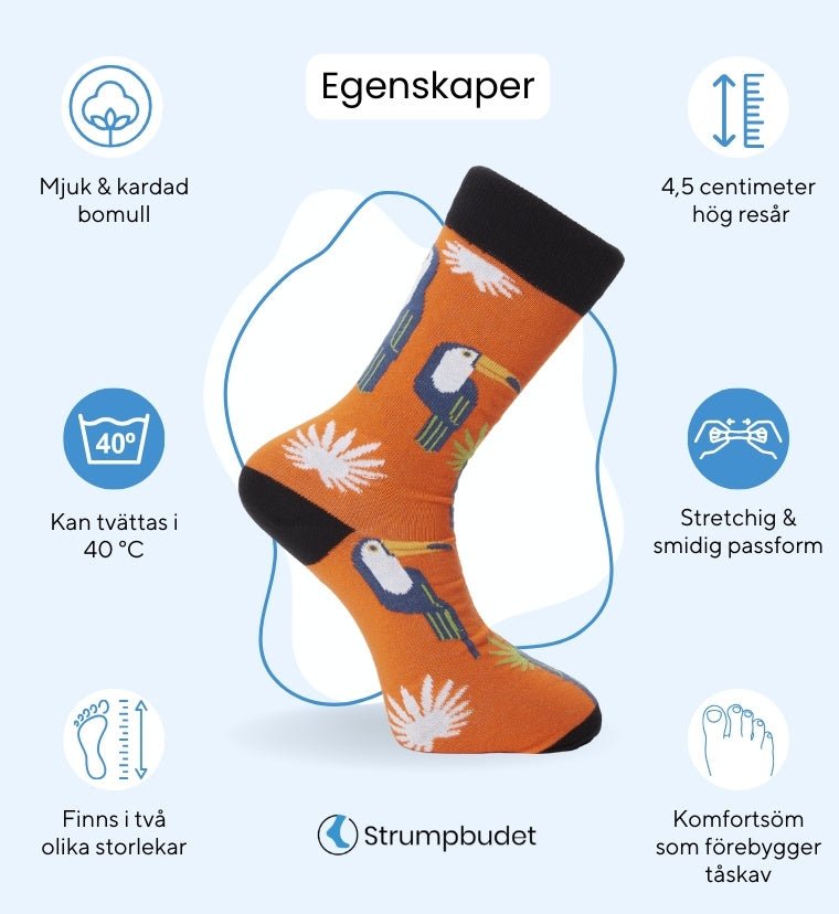 Egenskaper för bomullsstrumpor med tukaner för dam och herr - Strumpbudet