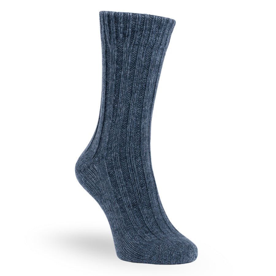 Jeansblå, ribbstickad raggsocka i alpackamix för dam och herr - Strumpbudet