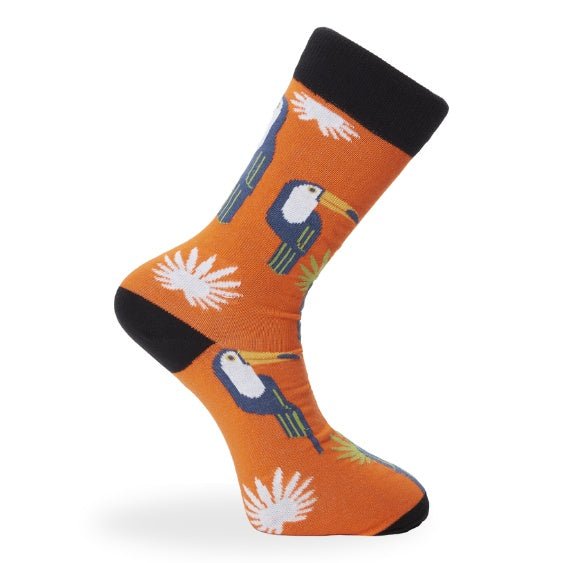 Roliga strumpor med orange botten och grå tukaner - Strumpbudet